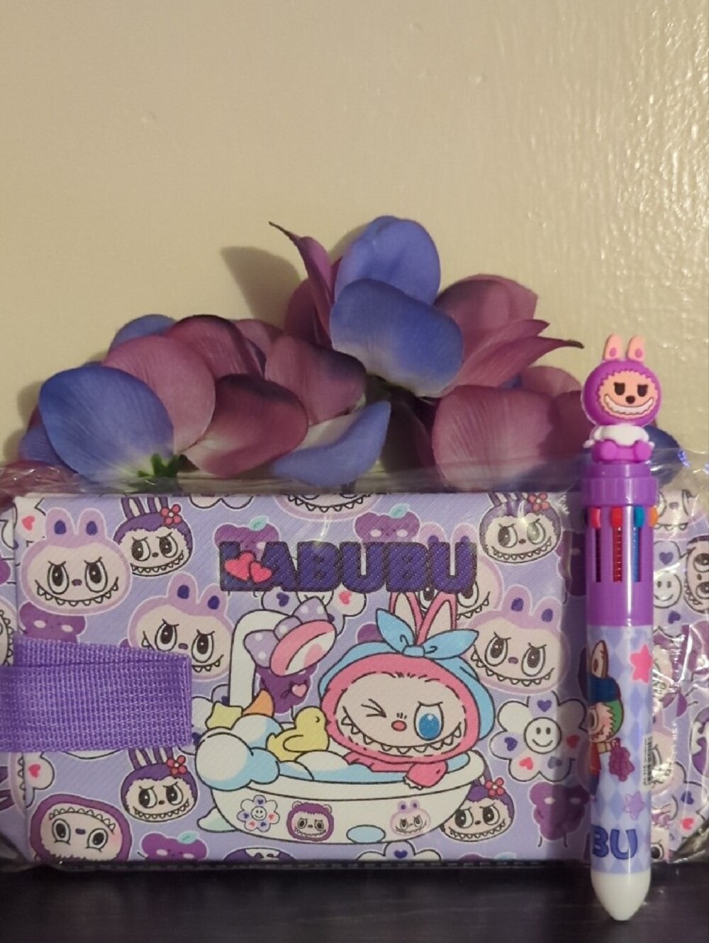 Purple Character Cosmetic Bag with Multi-Color Cartoon Print